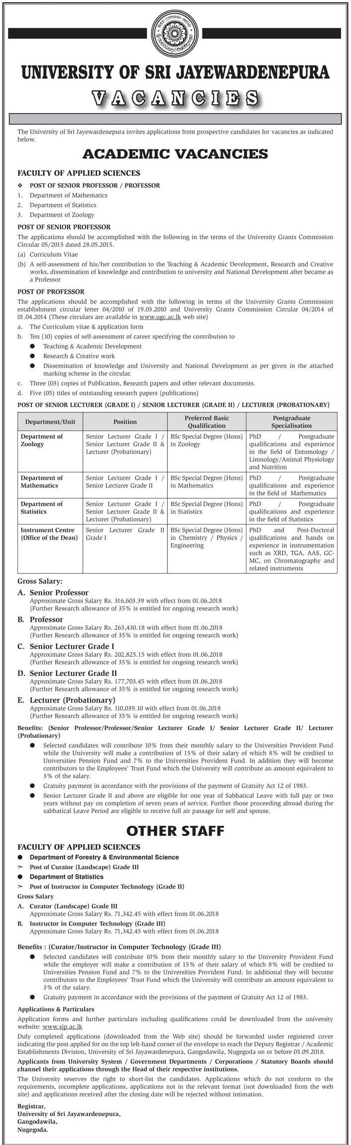 Senior Professor, Professor, Senior Lecturer, Lecturer, Curator (Landscape), Instructor in Computer Technology - University of Sri Jayewardenepura